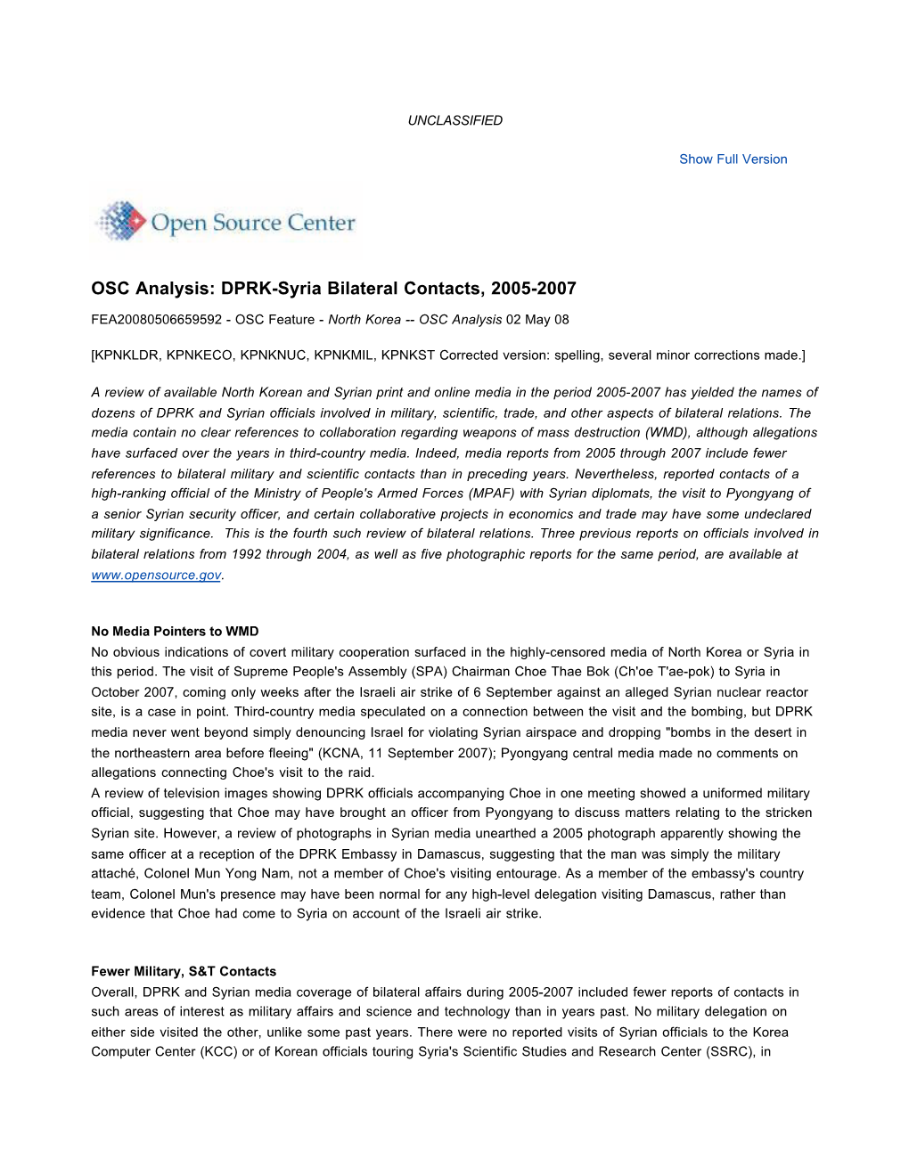 OSC Analysis: DPRK-Syria Bilateral Contacts, 2005-2007