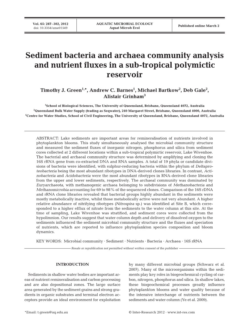 Sediment Bacteria and Archaea Community Analysis and Nutrient Fluxes in a Sub-Tropical Polymictic Reservoir