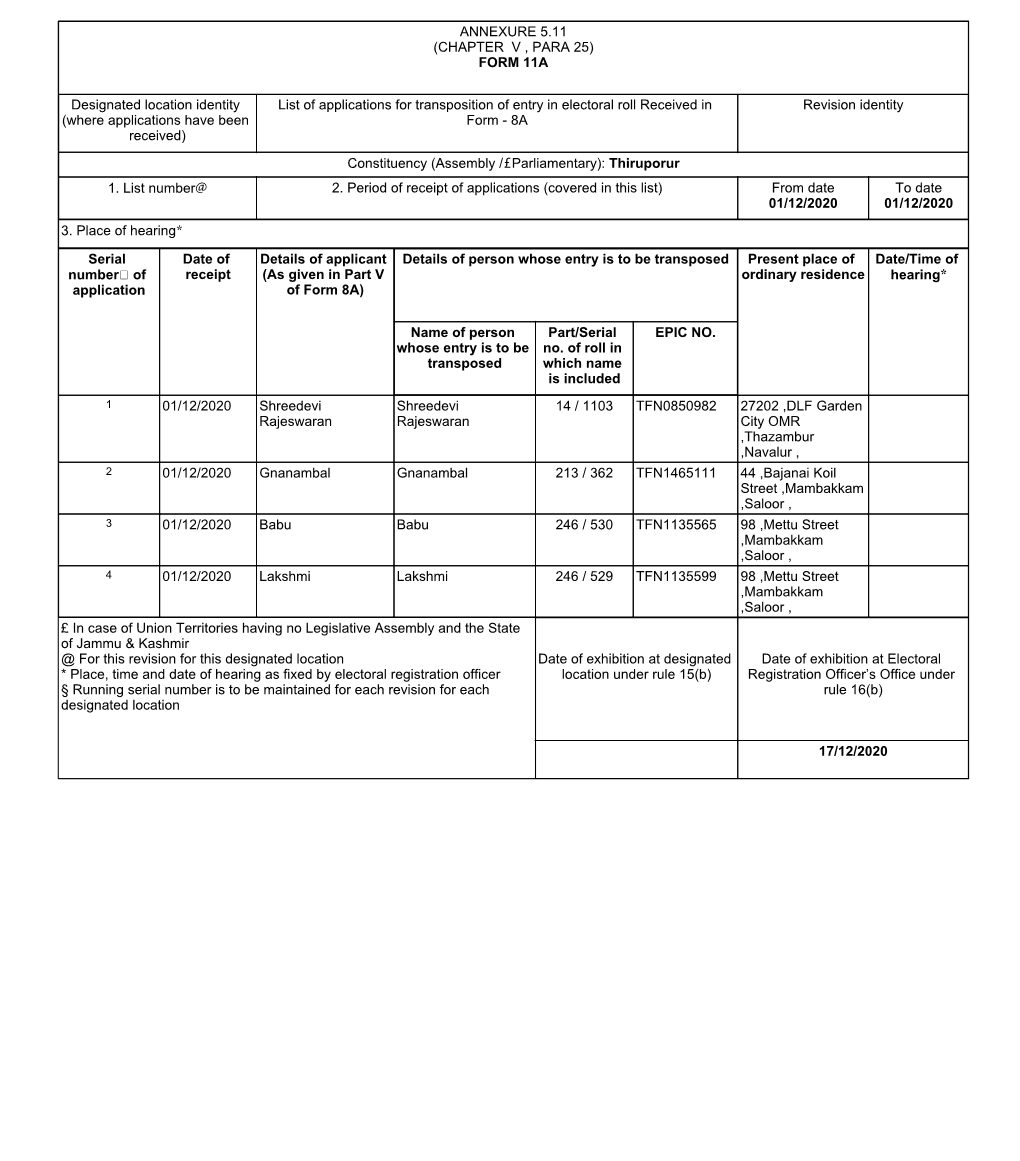 FORM 11A Designated Location Identity