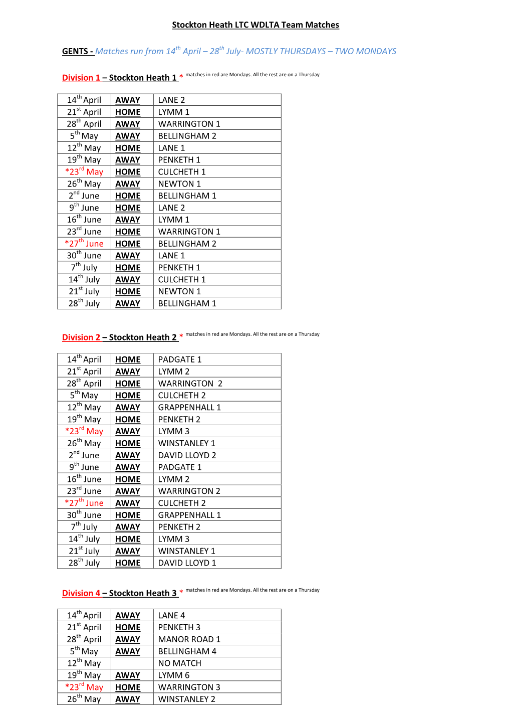 Matches Run from 14Th April – 28Th July- MOSTLY THURSDAYS – TWO MONDAYS