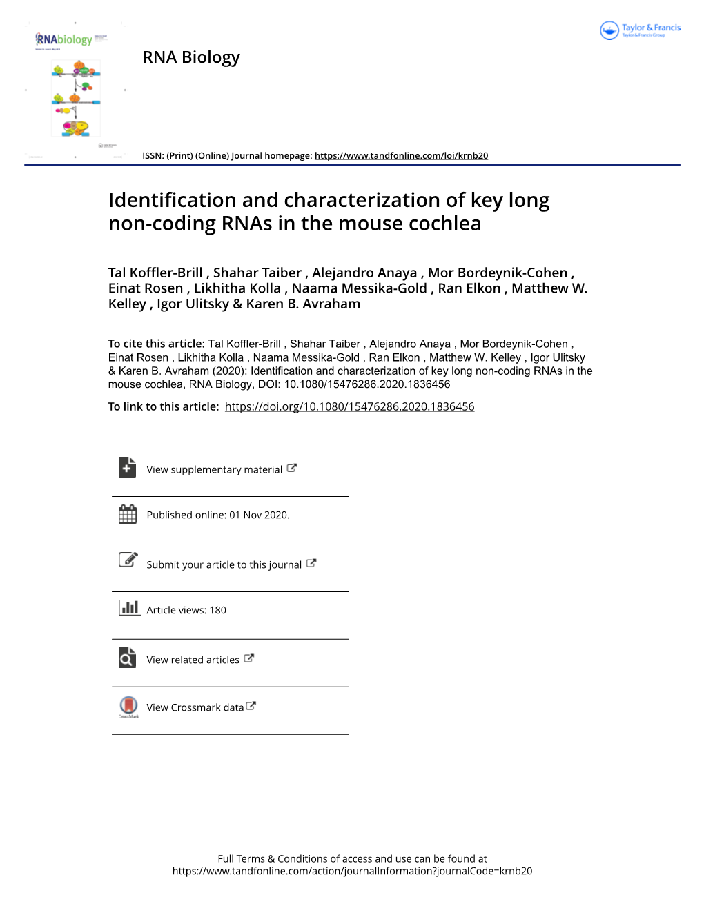Identification and Characterization of Key Long Non-Coding Rnas in the Mouse Cochlea