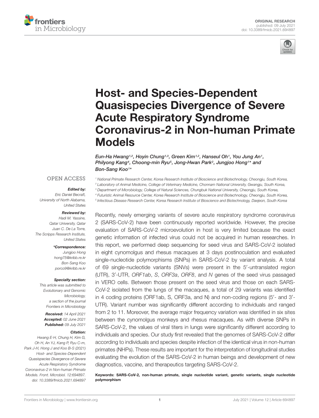 Host- and Species-Dependent Quasispecies Divergence of Severe Acute Respiratory Syndrome Coronavirus-2 in Non-Human Primate Models