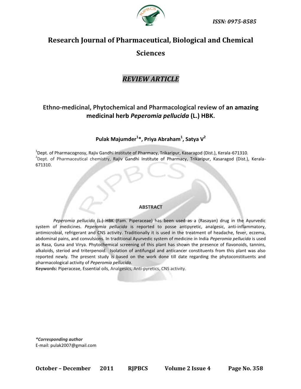 Research Journal of Pharmaceutical, Biological and Chemical Sciences