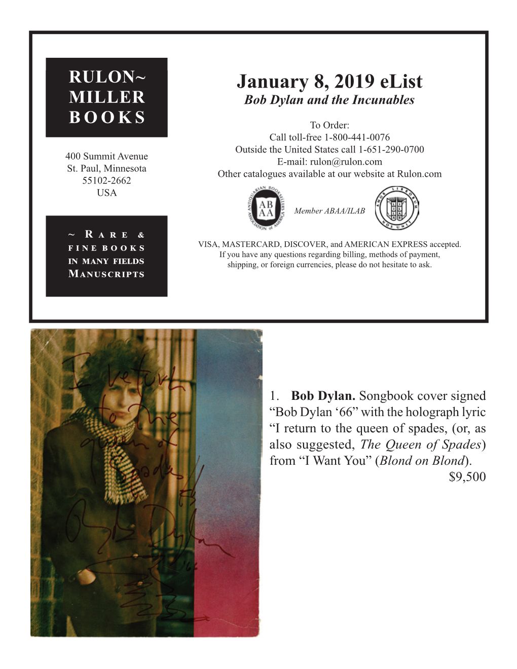 January 8, 2019 Elist MILLER Bob Dylan and the Incunables