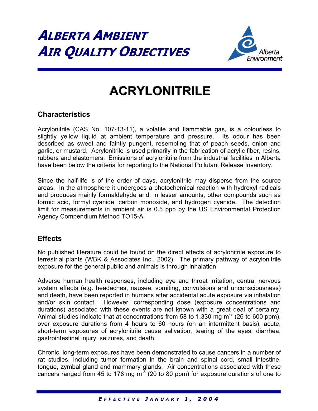 Alberta Ambient Air Quality Objectives: Acrylonitrile