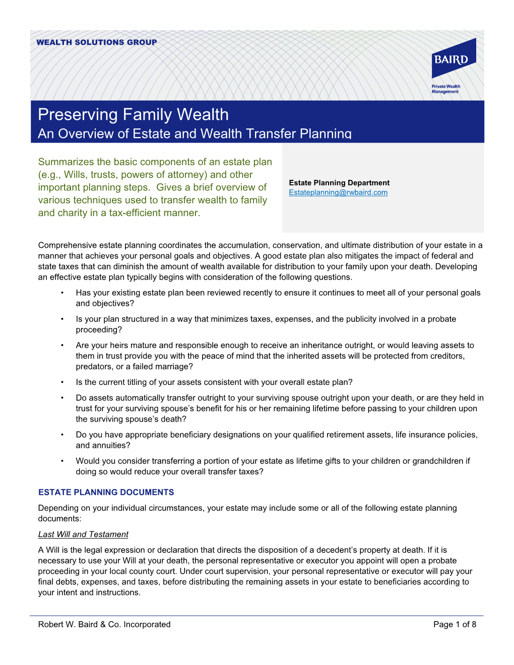 Preserving Family Wealth an Overview of Estate and Wealth Transfer Planning