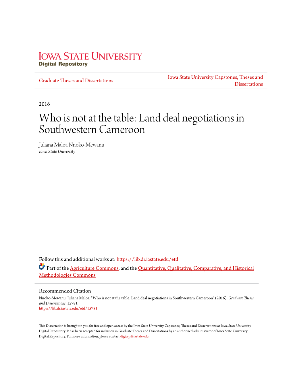 Land Deal Negotiations in Southwestern Cameroon Juliana Maloa Nnoko-Mewanu Iowa State University