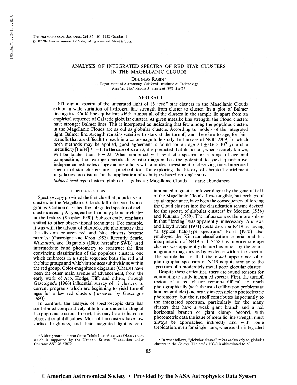 1982Apj. . .261. . .85R the Astrophysical Journal, 261:85-101, 1982 October 1 © 1982. the American Astronomical Society. All Ri