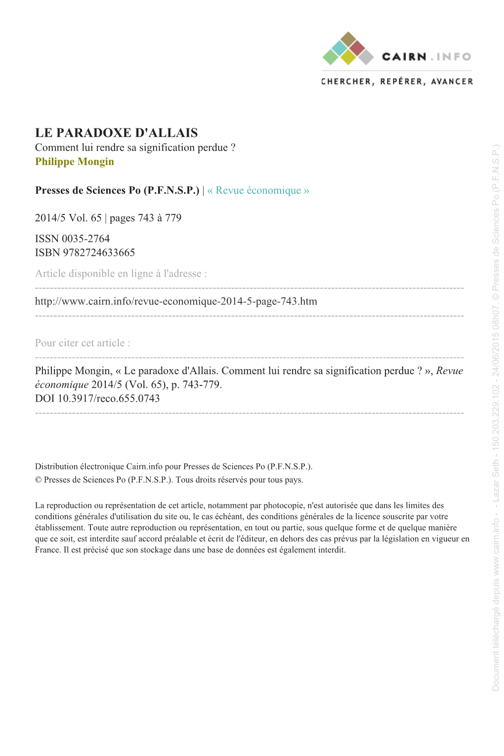 LE PARADOXE D'allais Document Téléchargé Depuis - Lazar Seth 150.203.229.102 24/06/2015 08H07