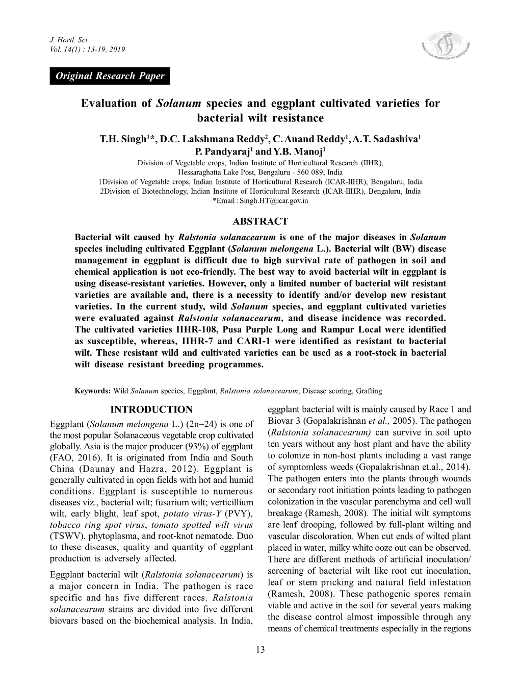 Evaluation of Solanum Species and Eggplant Cultivated Varieties for Bacterial Wilt Resistance T.H