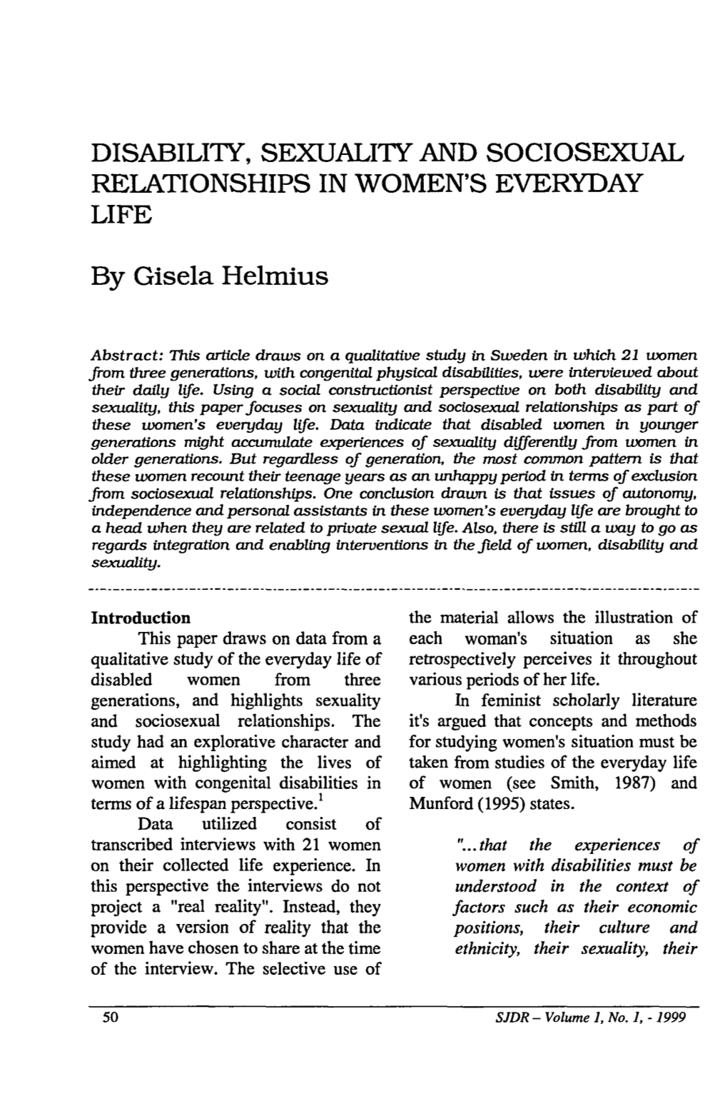 DISABILITY, SEXUALITY and SOCIOSEXUAL RELATIONSHIPS in WOMEN's EVERYDAY LIFE by Gisela Helmius