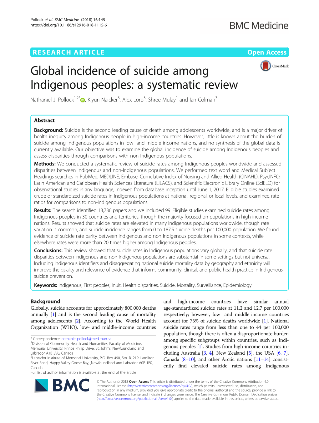 Global Incidence of Suicide Among Indigenous Peoples: a Systematic Review Nathaniel J