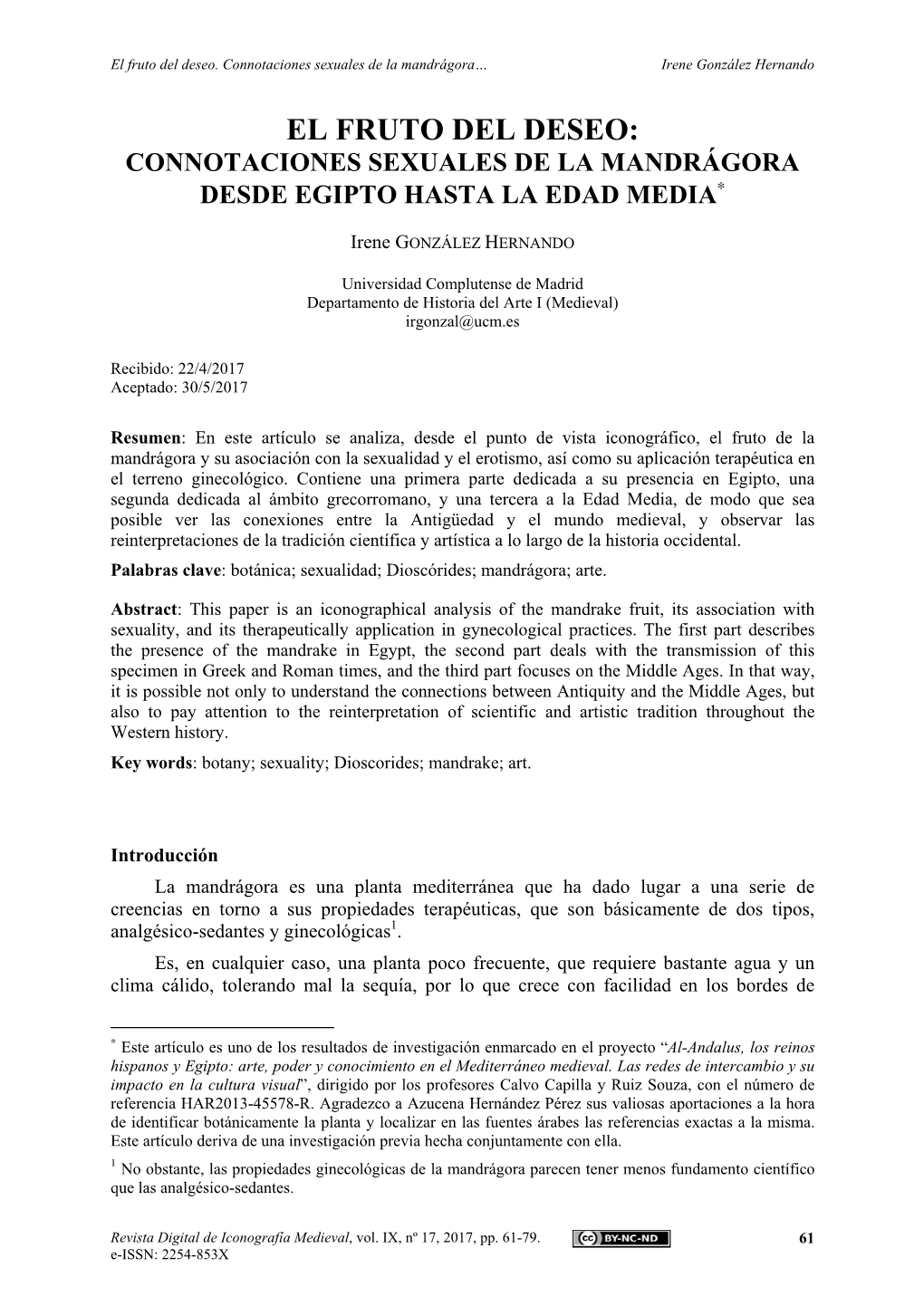 El Fruto Del Deseo: Connotaciones Sexuales De La Mandrágora Desde Egipto Hasta La Edad Media∗