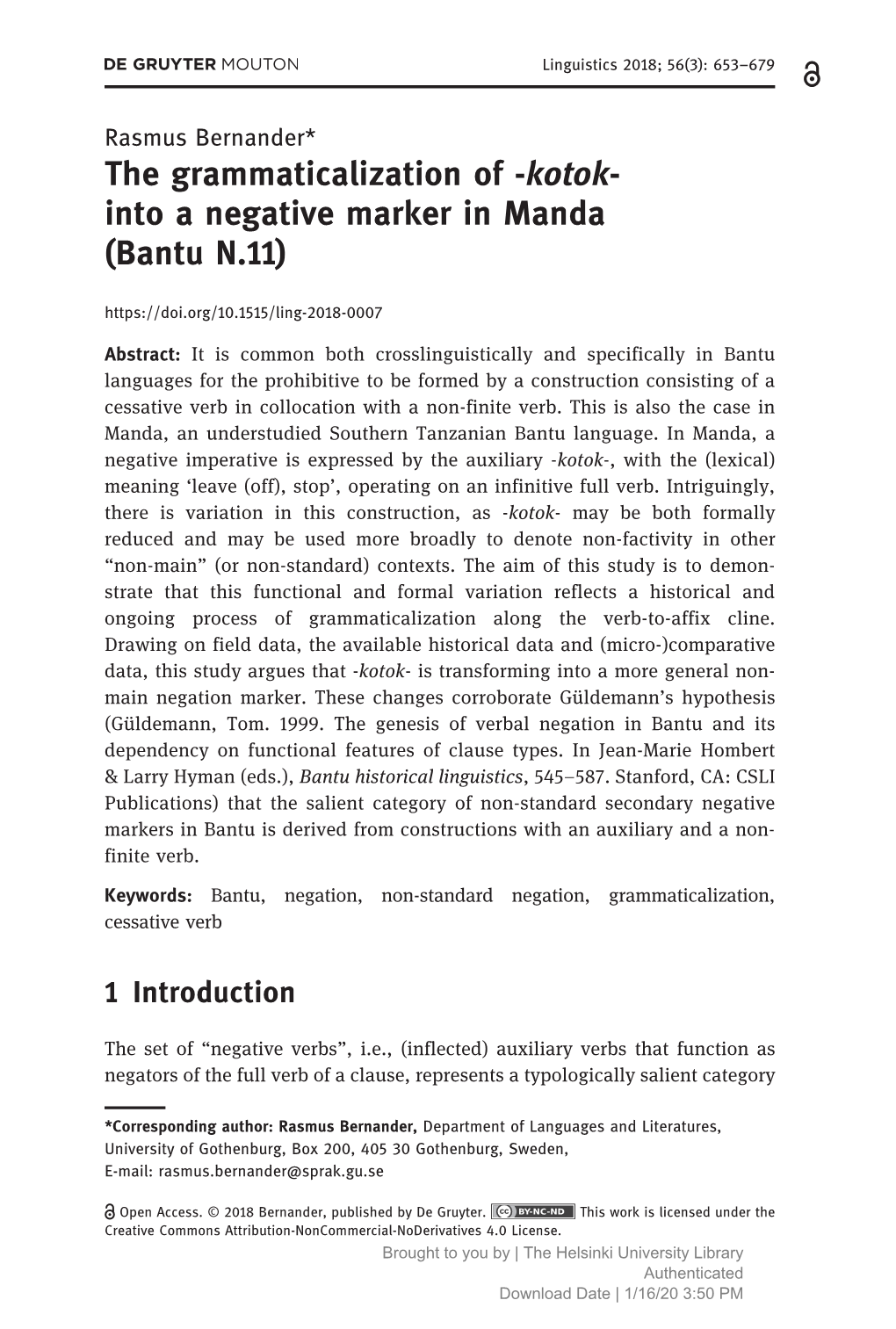 The Grammaticalization of -Kotok- Into a Negative Marker in Manda (Bantu N.11)