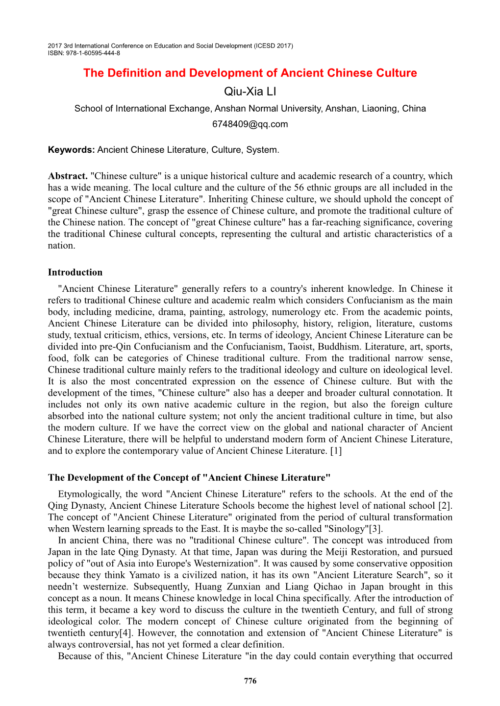 The Definition and Development of Ancient Chinese Culture Qiu-Xia LI