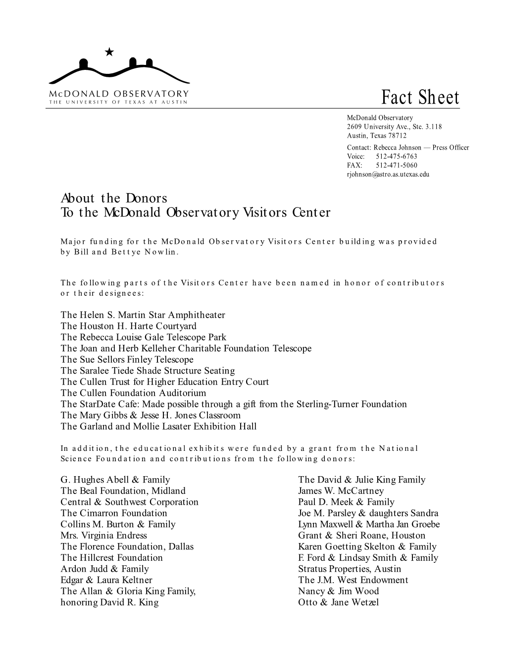 Fact Sheet Mcdonald Observatory 2609 University Ave., Ste