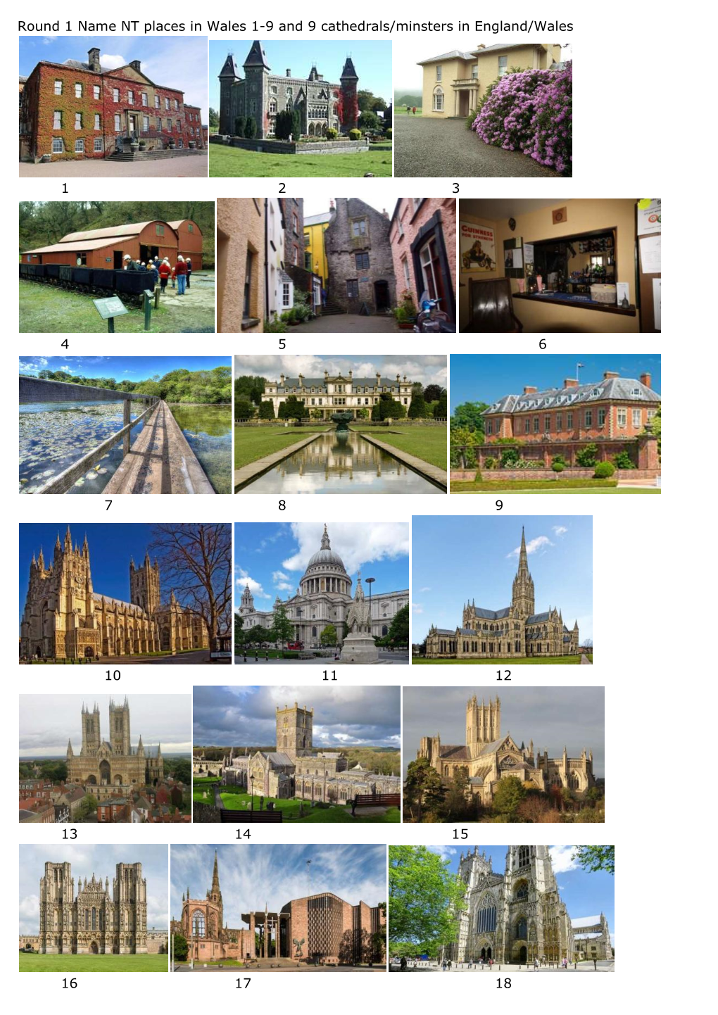 Round 1 Name NT Places in Wales 1-9 and 9 Cathedrals/Minsters in England/Wales