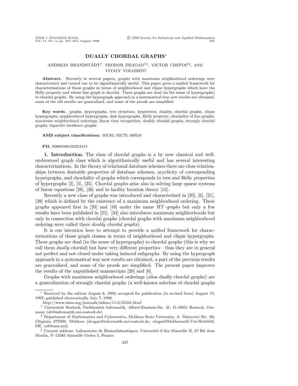 Dually Chordal Graphs∗