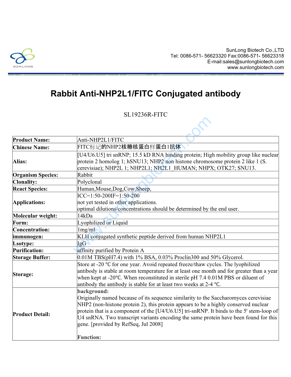 Rabbit Anti-NHP2L1/FITC Conjugated Antibody-SL19236R-FITC