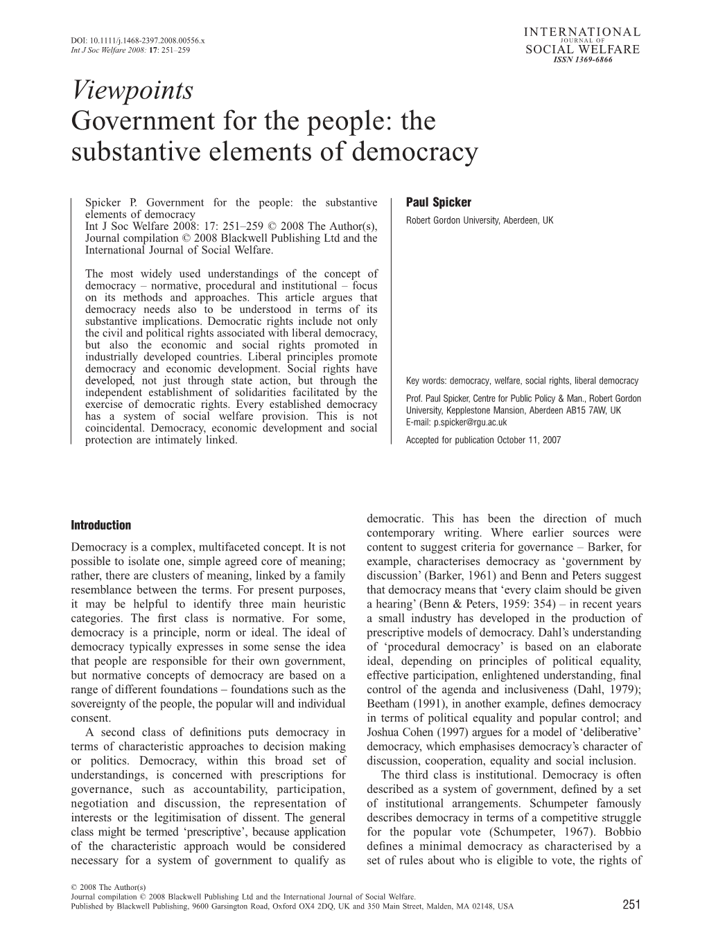 Government for the People: the Substantive Elements of Democracy