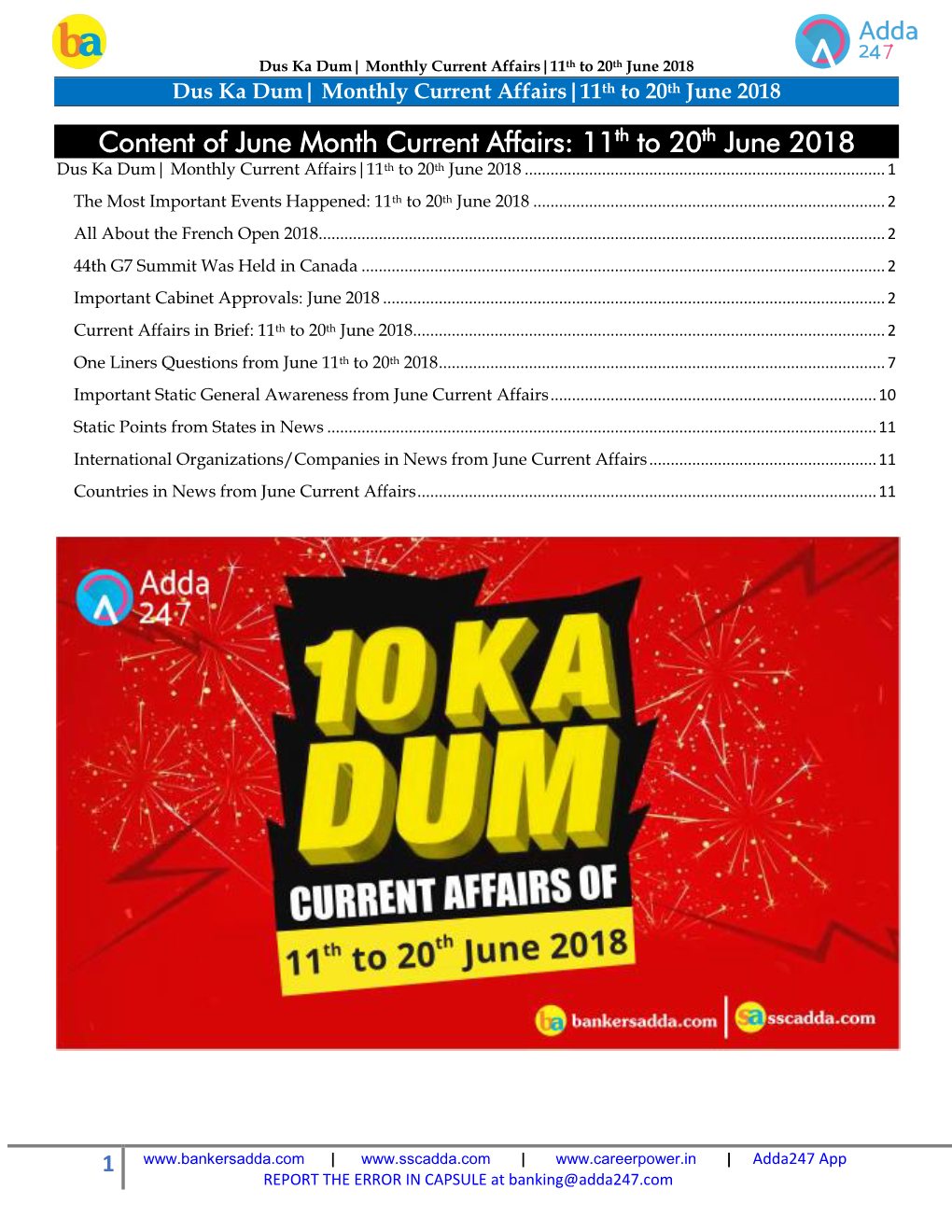 Content of June Month Current Affairs: 11Th to 20Th June 2018 Dus Ka Dum| Monthly Current Affairs|11Th to 20Th June 2018