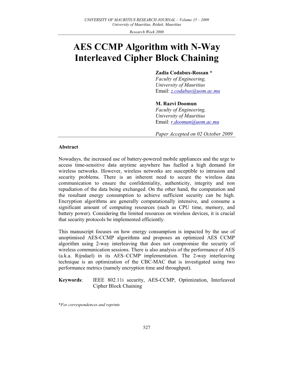 AES CCMP Algorithm with -Way Interleaved Cipher Block Chaining