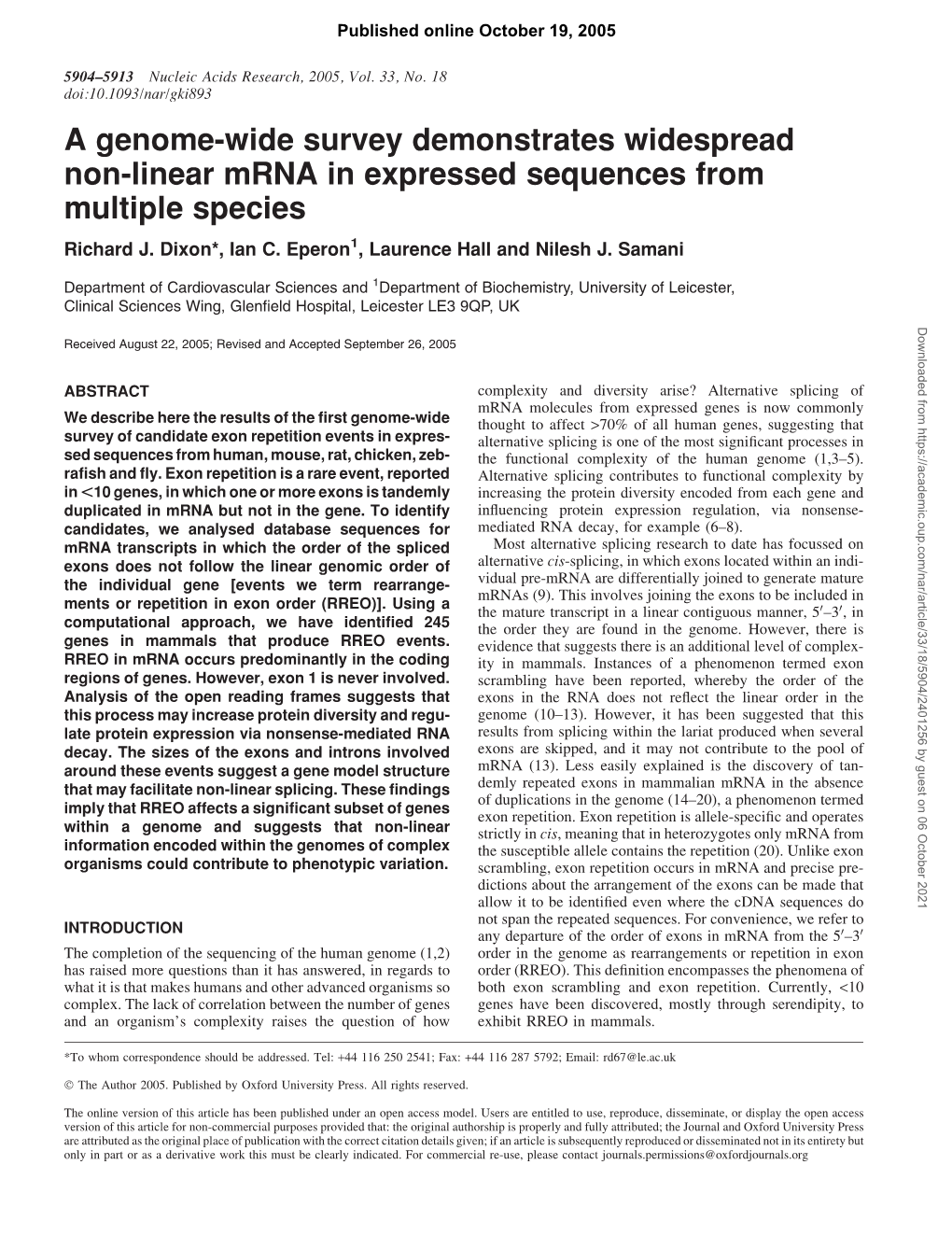 A Genome-Wide Survey Demonstrates Widespread Non-Linear Mrna in Expressed Sequences from Multiple Species Richard J