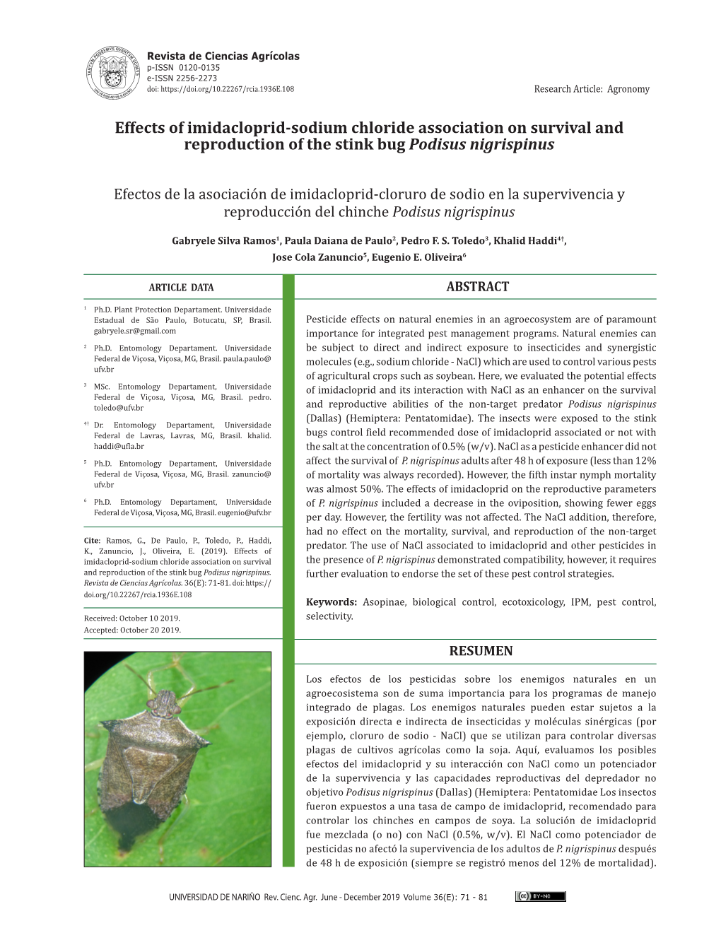 Effects of Imidacloprid-Sodium Chloride Association on Survival and Reproduction of the Stink Bug Podisus Nigrispinus