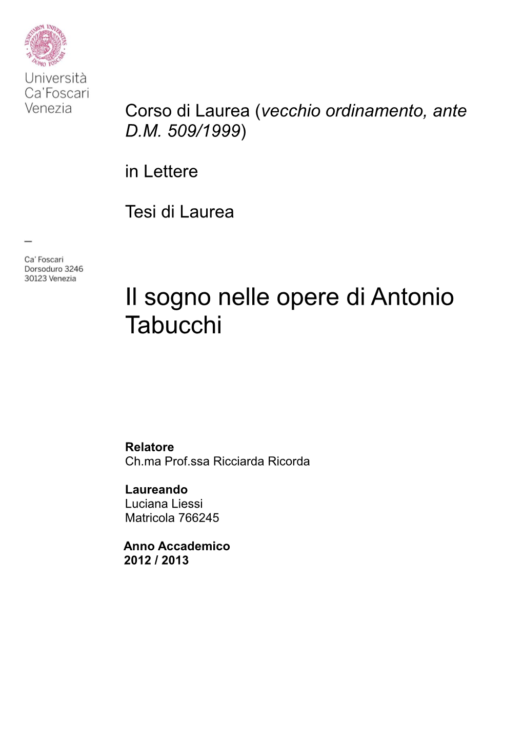 Il Sogno Nelle Opere Di Antonio Tabucchi