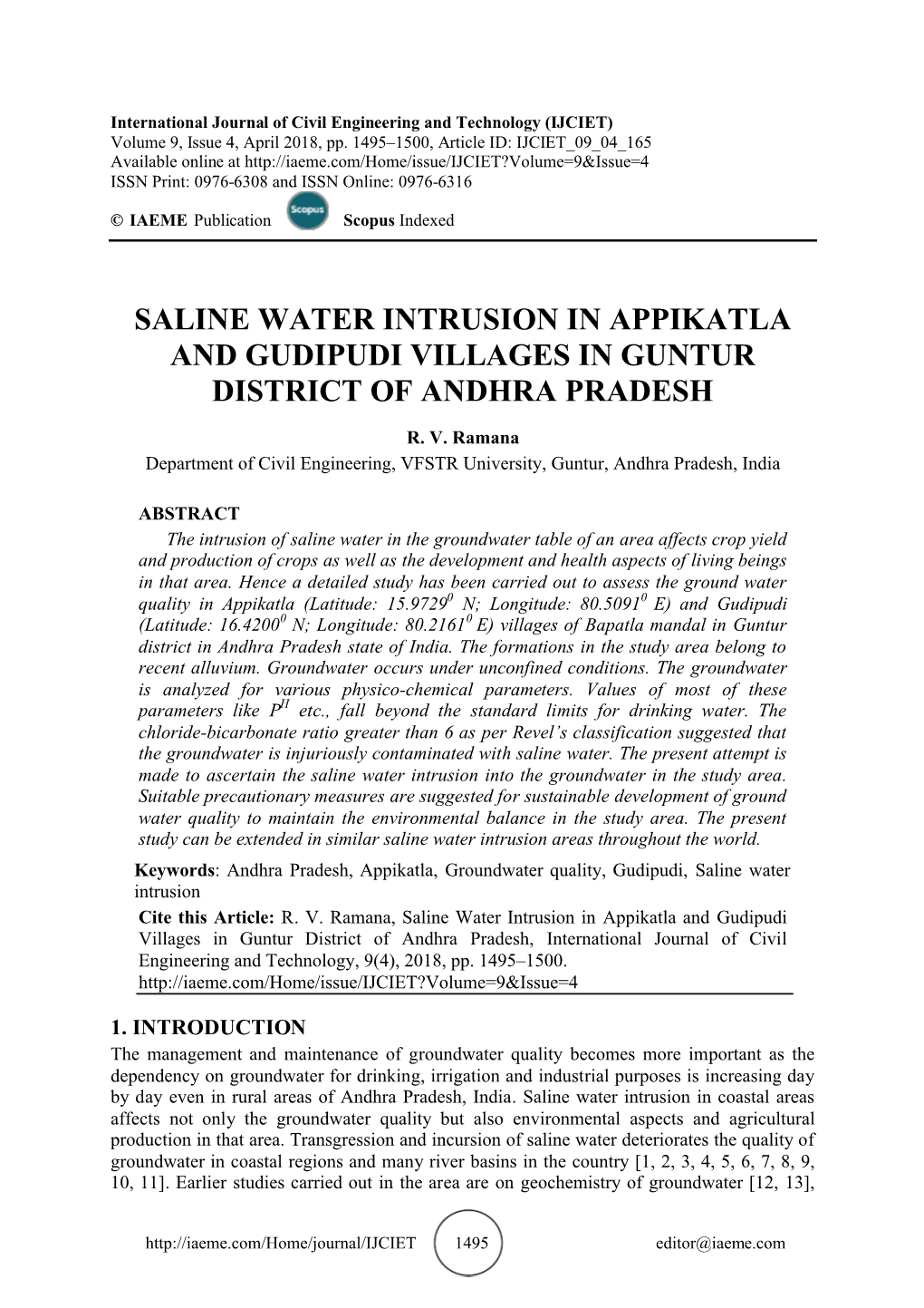 Saline Water Intrusion in Appikatla and Gudipudi Villages in Guntur District of Andhra Pradesh