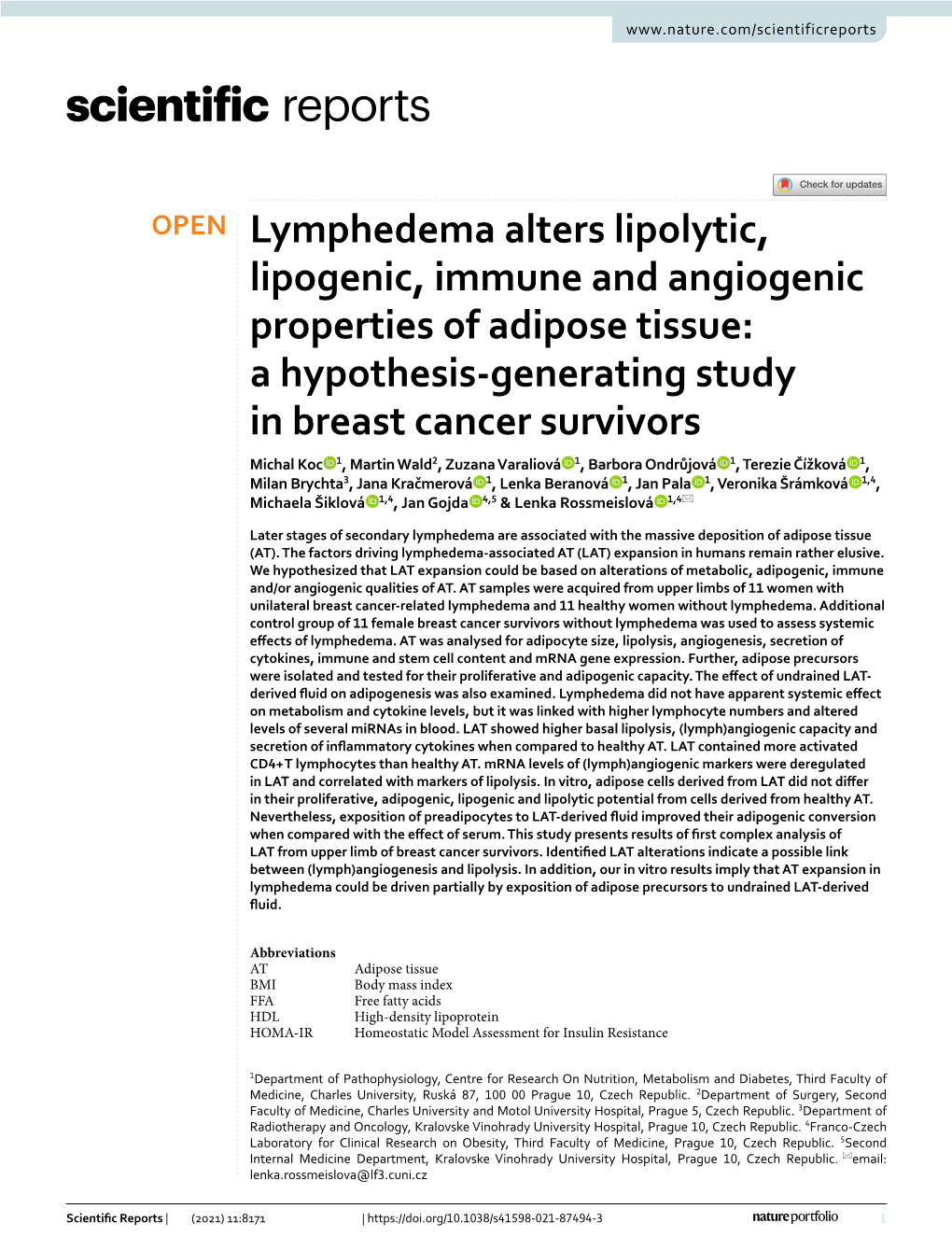 Lymphedema Alters Lipolytic, Lipogenic, Immune And