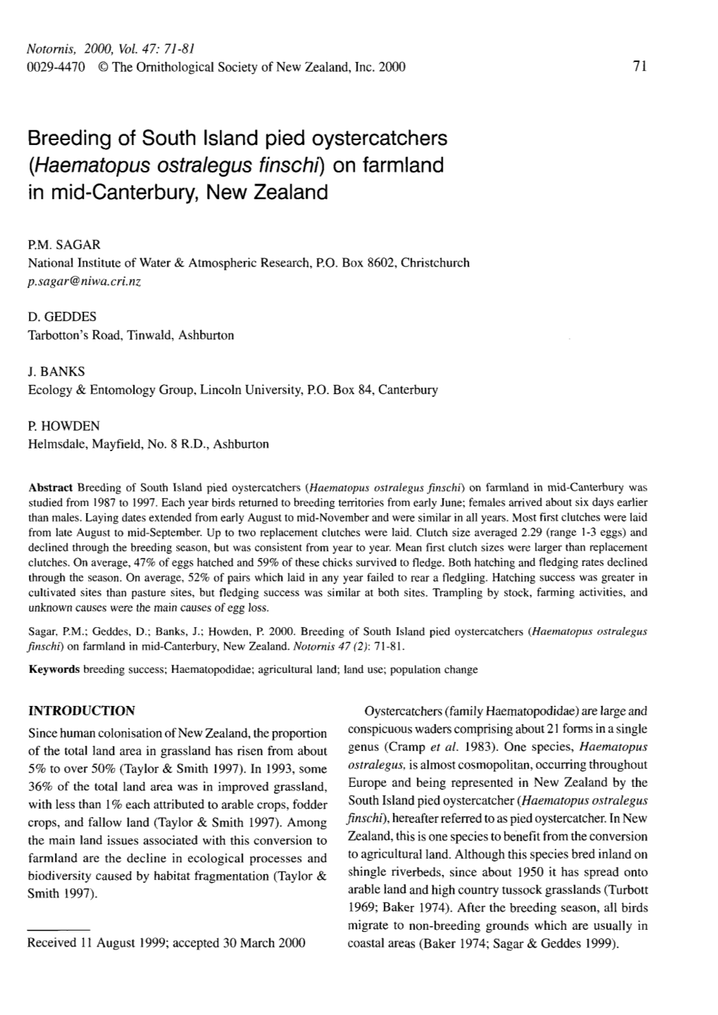 Breeding of South Island Pied Oystercatchers (Haematopus Ostralegus Finschi) on Farm Land in Mid-Canterbury, New Zealand