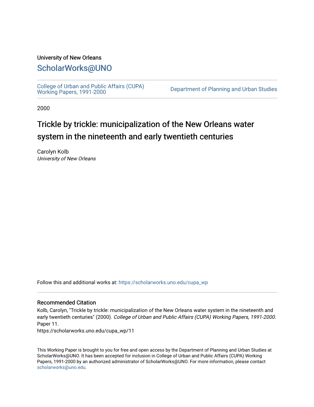 Municipalization of the New Orleans Water System in the Nineteenth and Early Twentieth Centuries