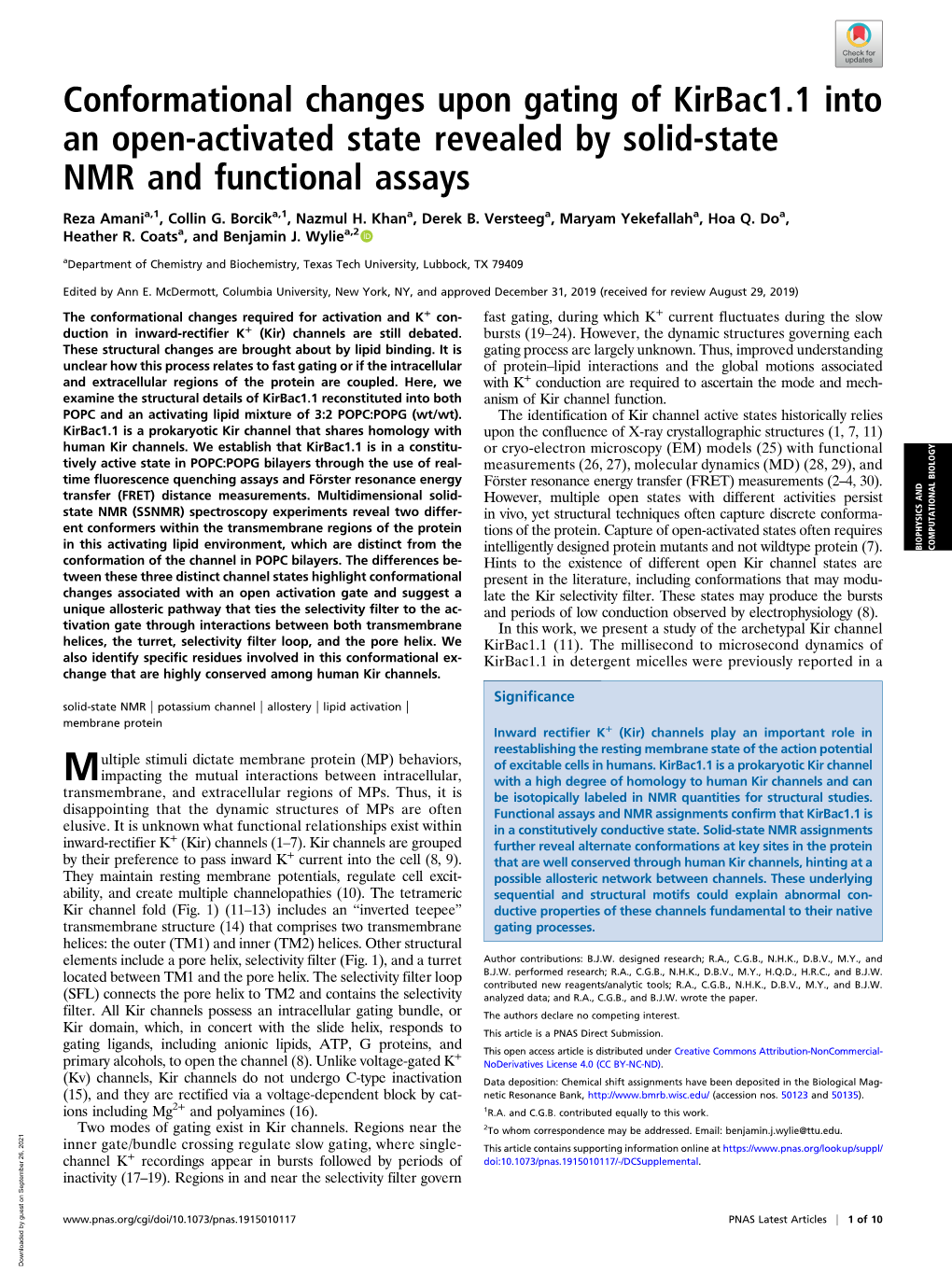 Conformational Changes Upon Gating of Kirbac1.1 Into an Open-Activated State Revealed by Solid-State NMR and Functional Assays