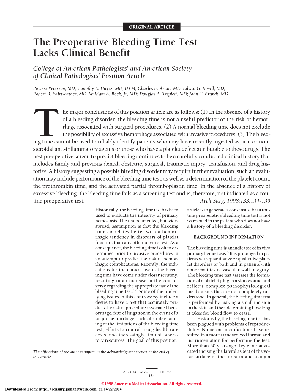 The Preoperative Bleeding Time Test Lacks Clinical Benefit College of American Pathologists’ and American Society of Clinical Pathologists’ Position Article