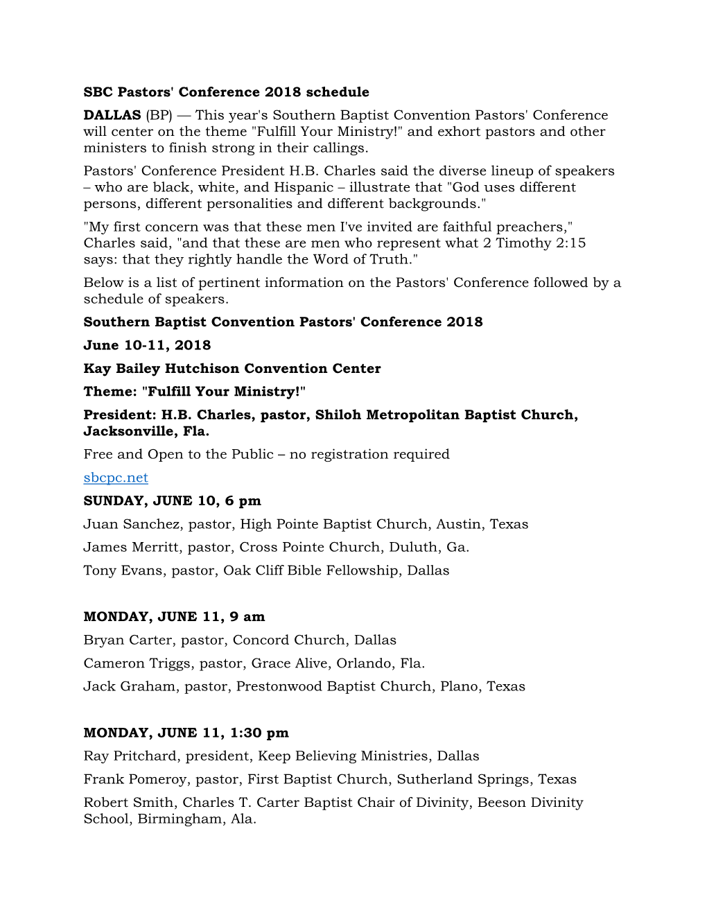 SBC Pastors' Conference 2018 Schedule