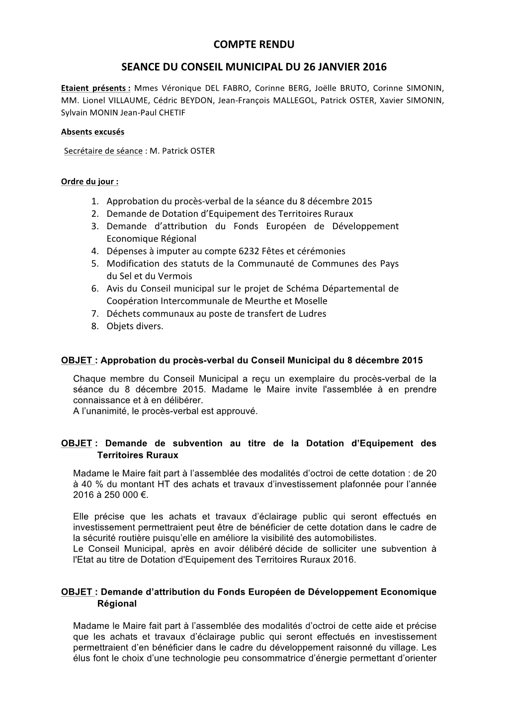 Compte Rendu Seance Du Conseil Municipal Du 26 Janvier 2016