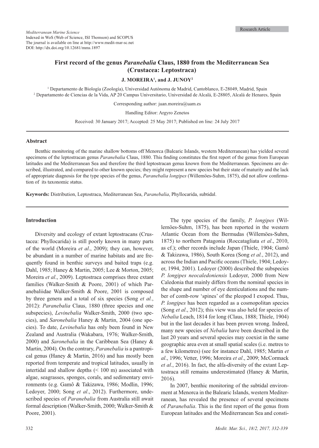 First Record of the Genus Paranebalia Claus, 1880 from the Mediterranean Sea (Crustacea: Leptostraca) J