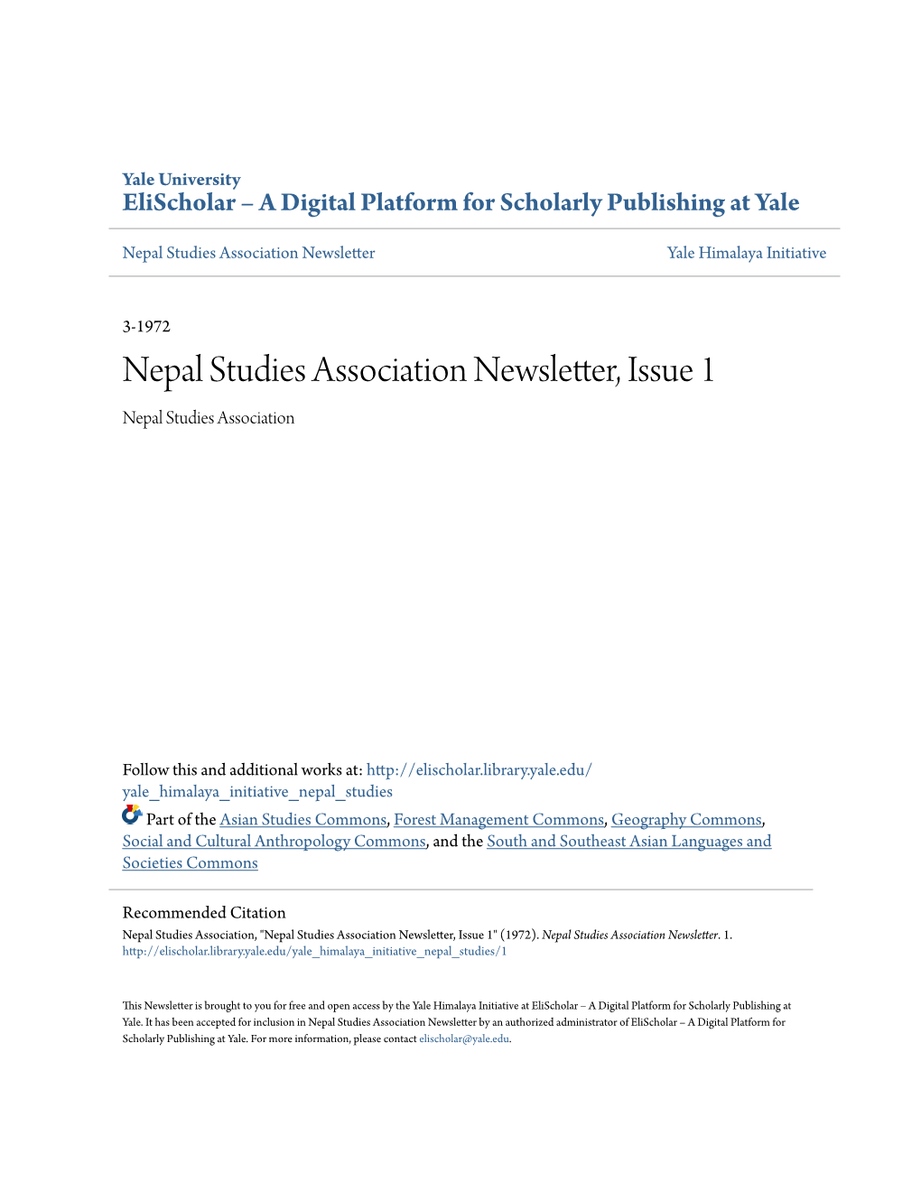Nepal Studies Association Newsletter, Issue 1 Nepal Studies Association