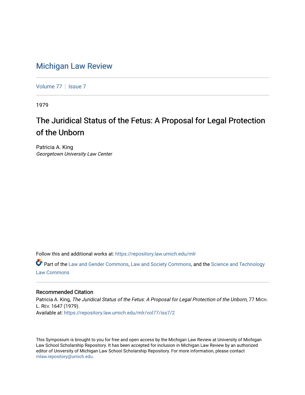 The Juridical Status of the Fetus: a Proposal for Legal Protection of the Unborn