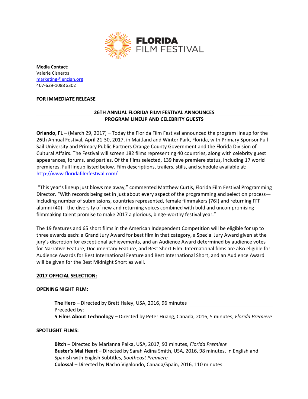 For Immediate Release 26Th Annual Florida Film Festival