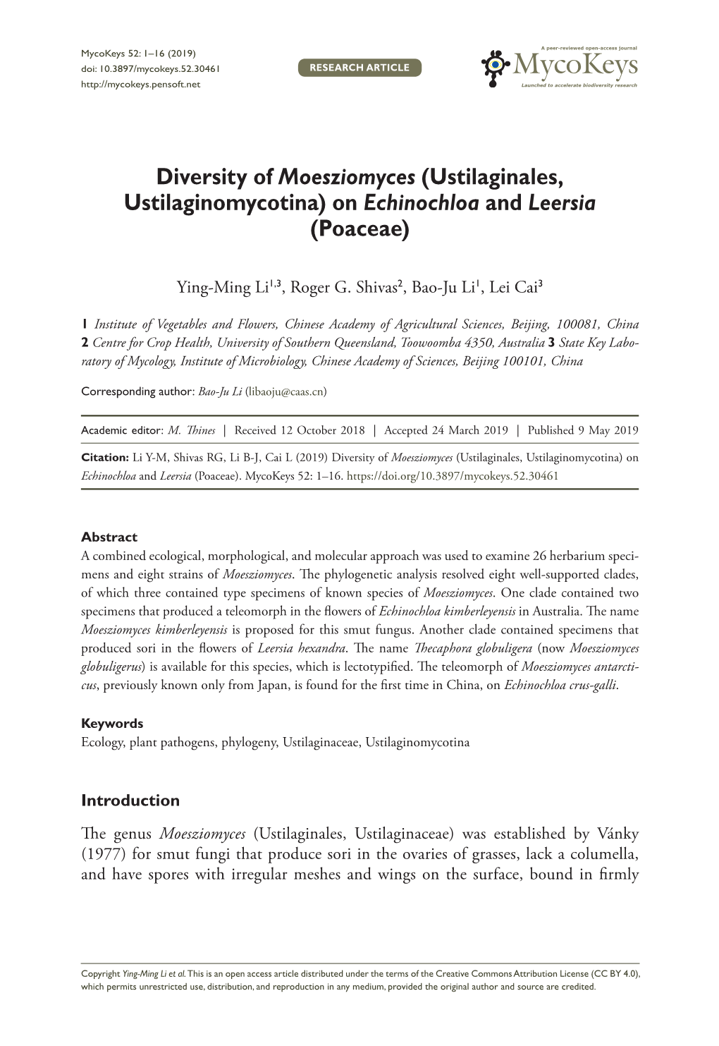 Ustilaginales, Ustilaginomycotina) on Echinochloa and Leersia (Poaceae