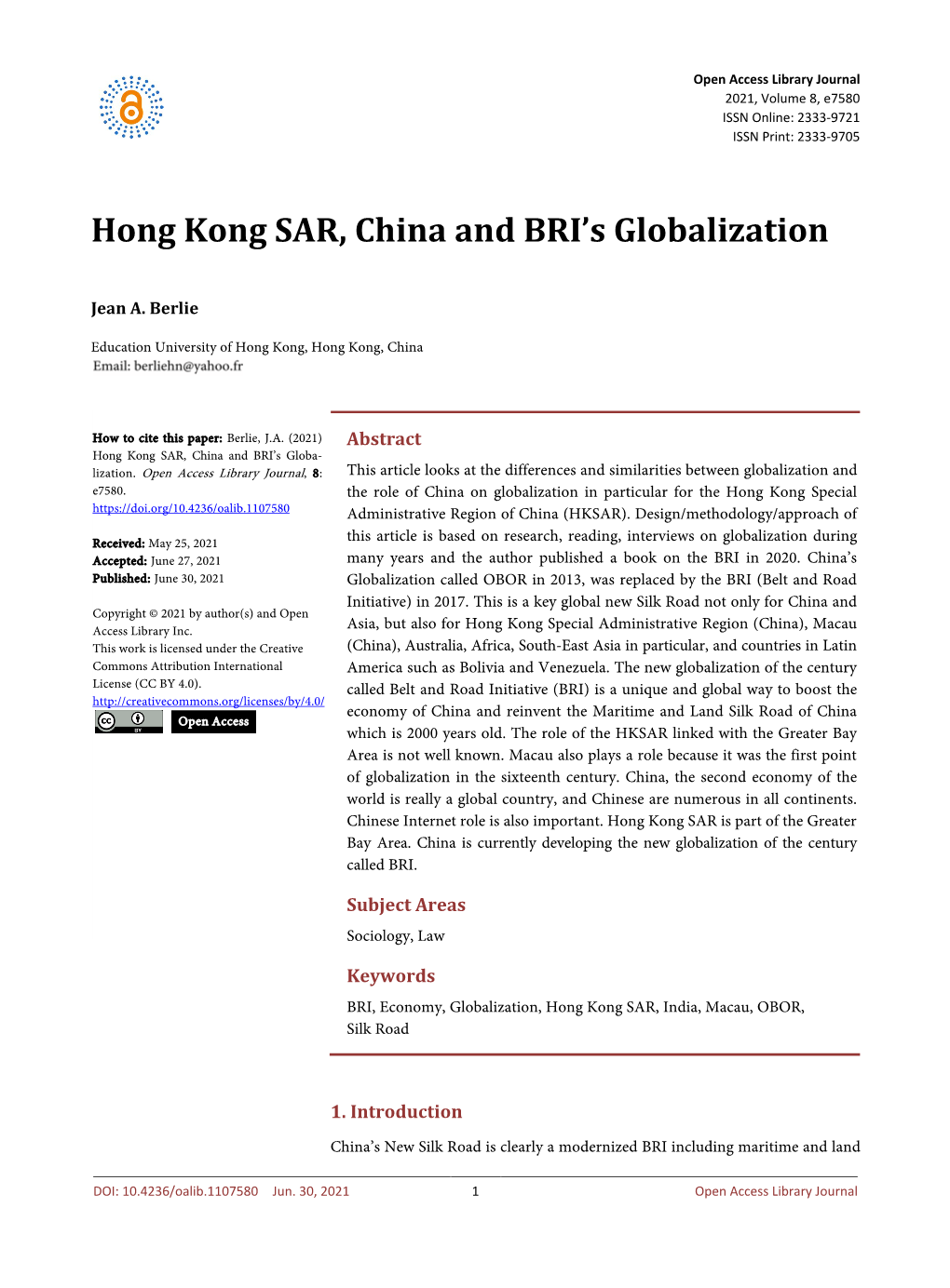 Hong Kong SAR, China and BRI's Globalization