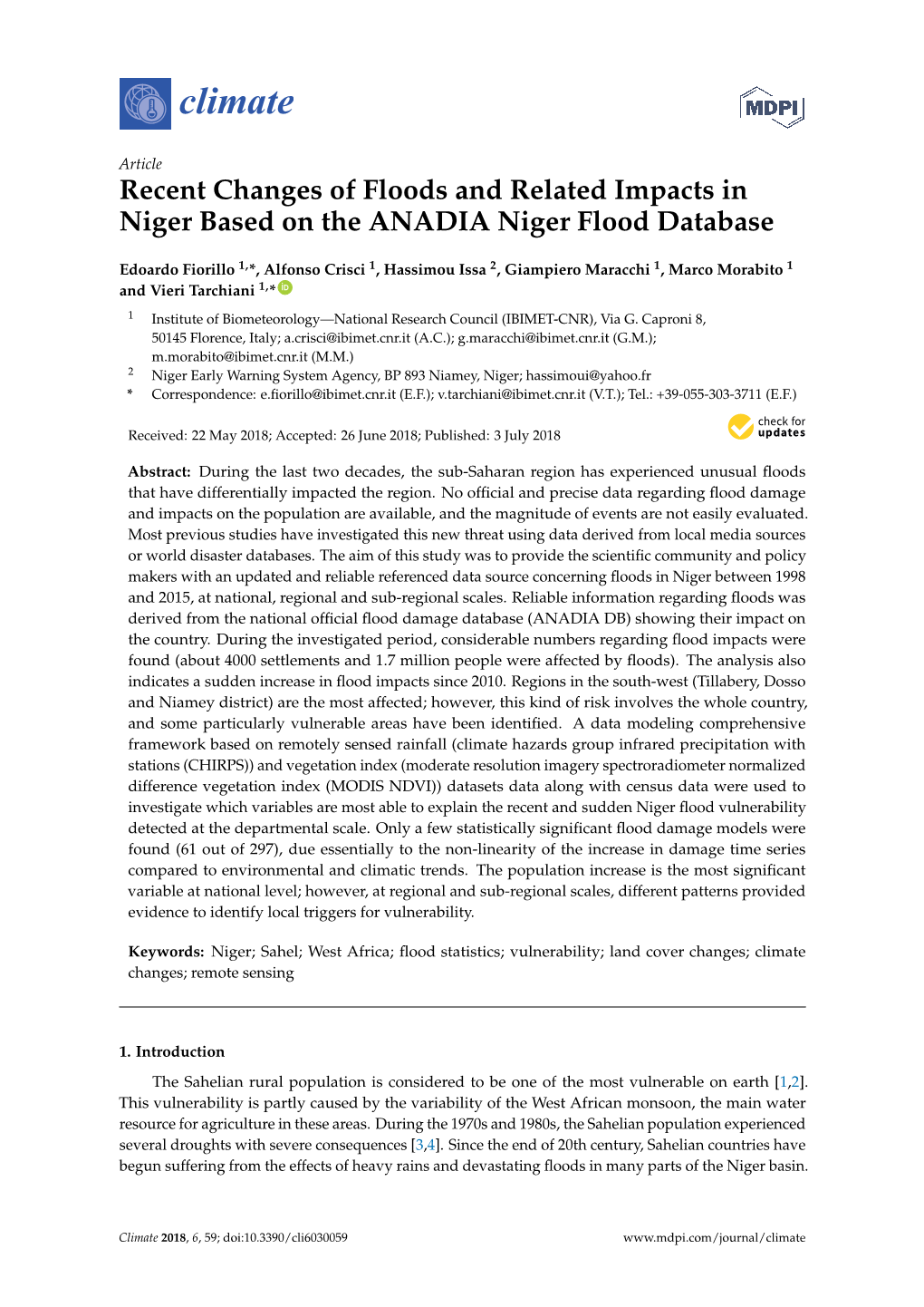 Recent Changes of Floods and Related Impacts in Niger Based on the ANADIA Niger Flood Database