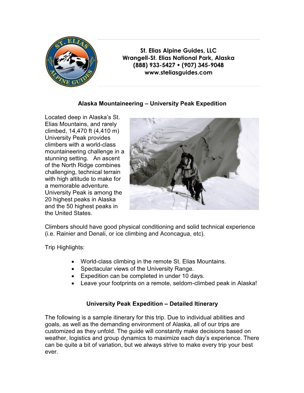 University Peak Expedition Itinerary