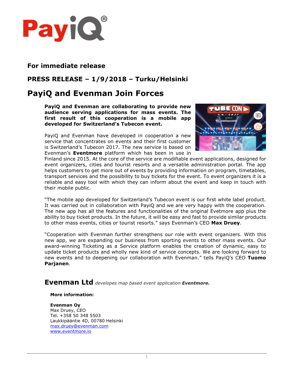 PRESS RELEASE – 1/9/2018 – Turku/Helsinki Payiq and Evenman Join Forces