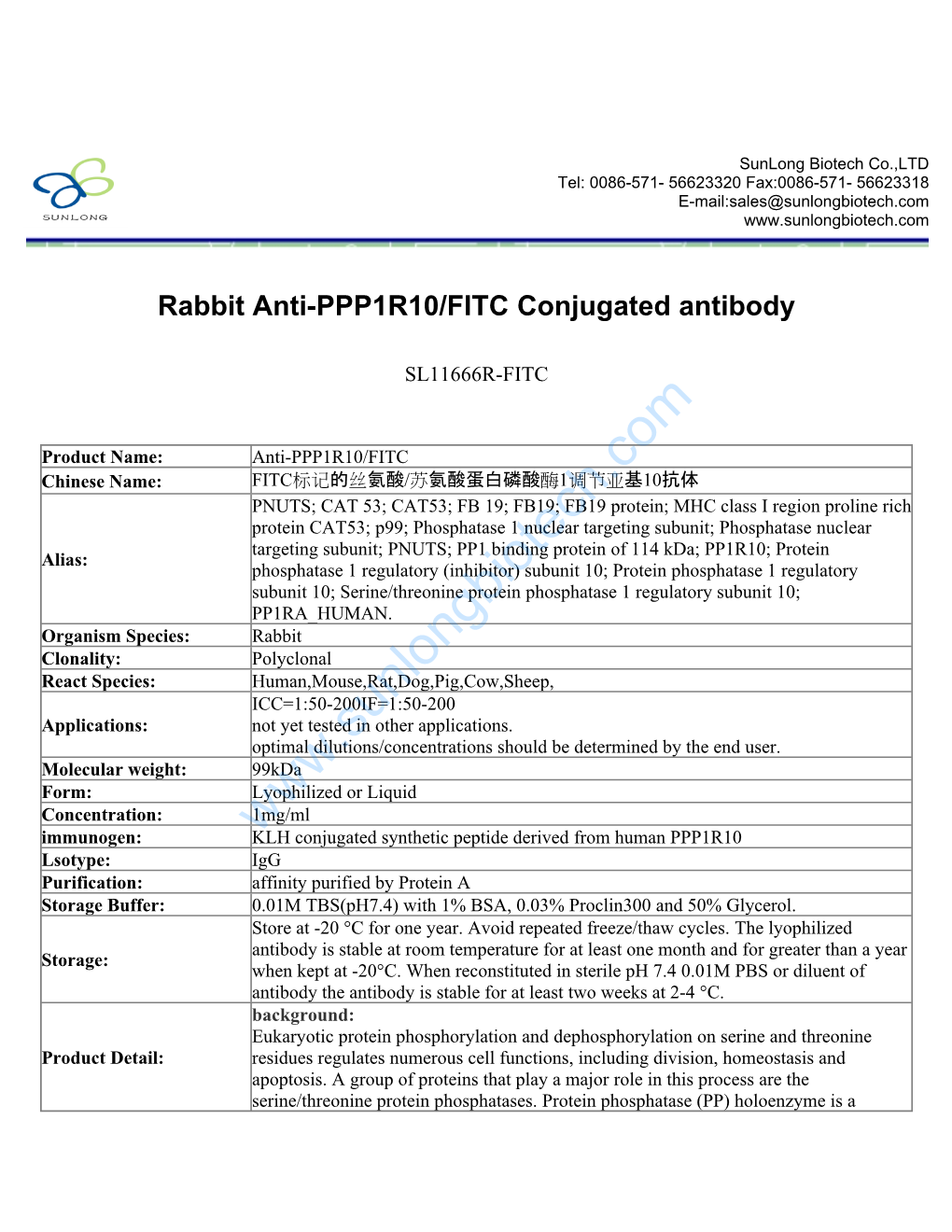 Rabbit Anti-PPP1R10/FITC Conjugated Antibody-SL11666R-FITC