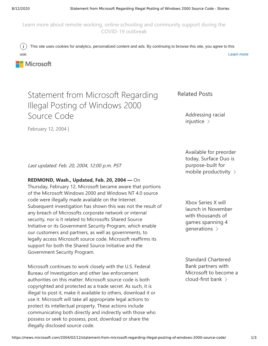 Statement from Microsoft Regarding Illegal Posting of Windows 2000 Source Code - Stories