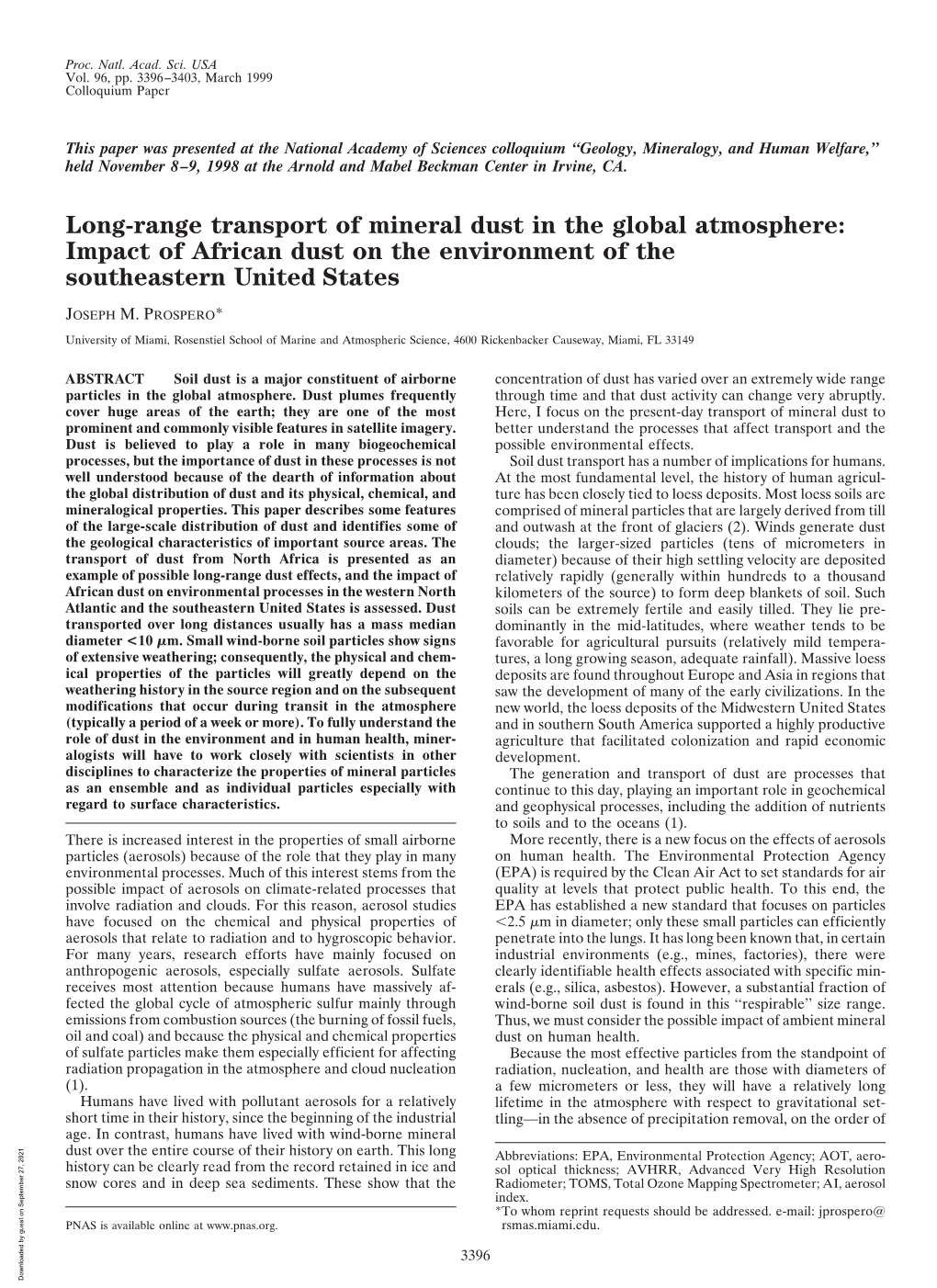 Long-Range Transport of Mineral Dust in the Global Atmosphere: Impact of African Dust on the Environment of the Southeastern United States