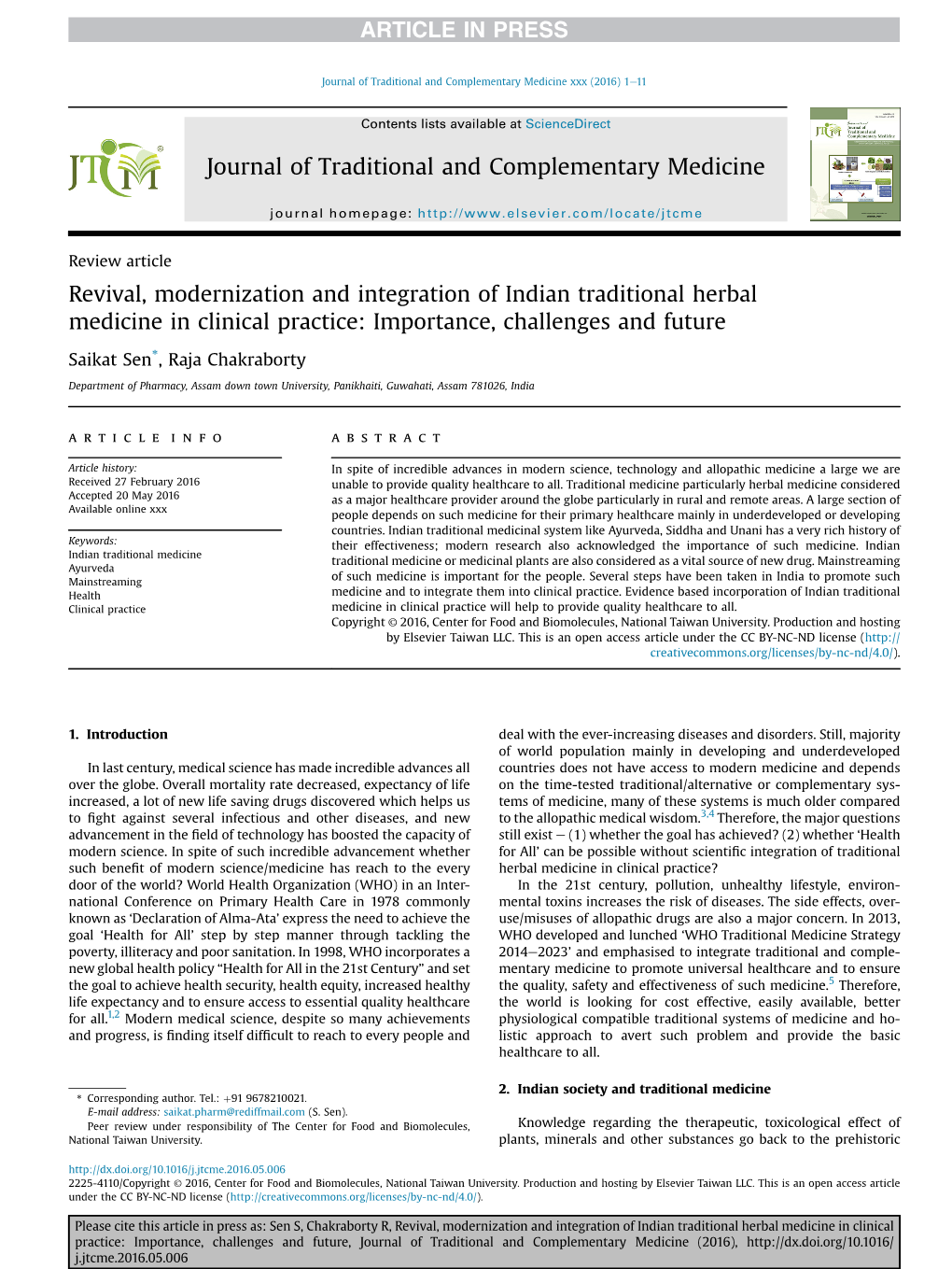 Revival, Modernization and Integration of Indian Traditional Herbal Medicine in Clinical Practice: Importance, Challenges and Future